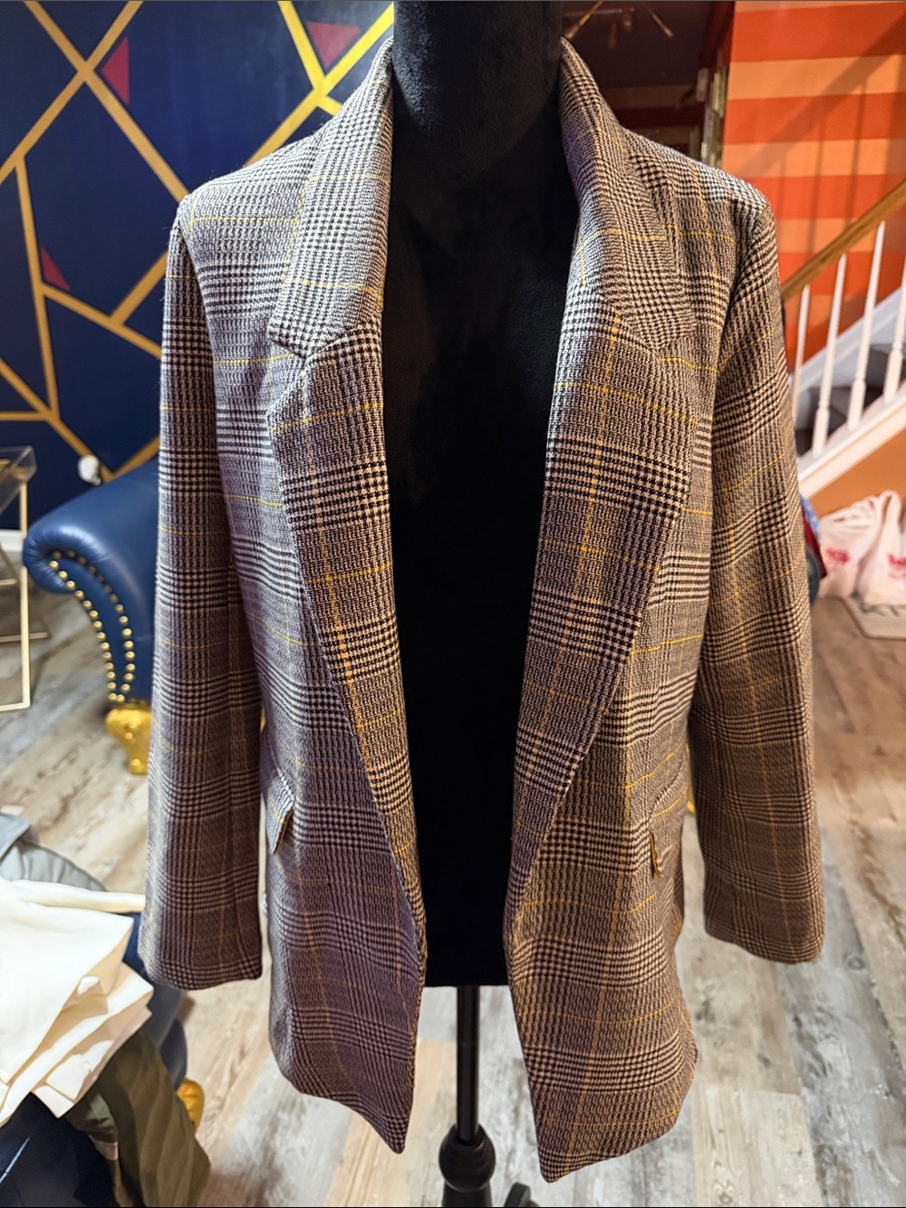 NY&Co houndstooth Blazer in Black & White with Subtle Yellow Windowpane